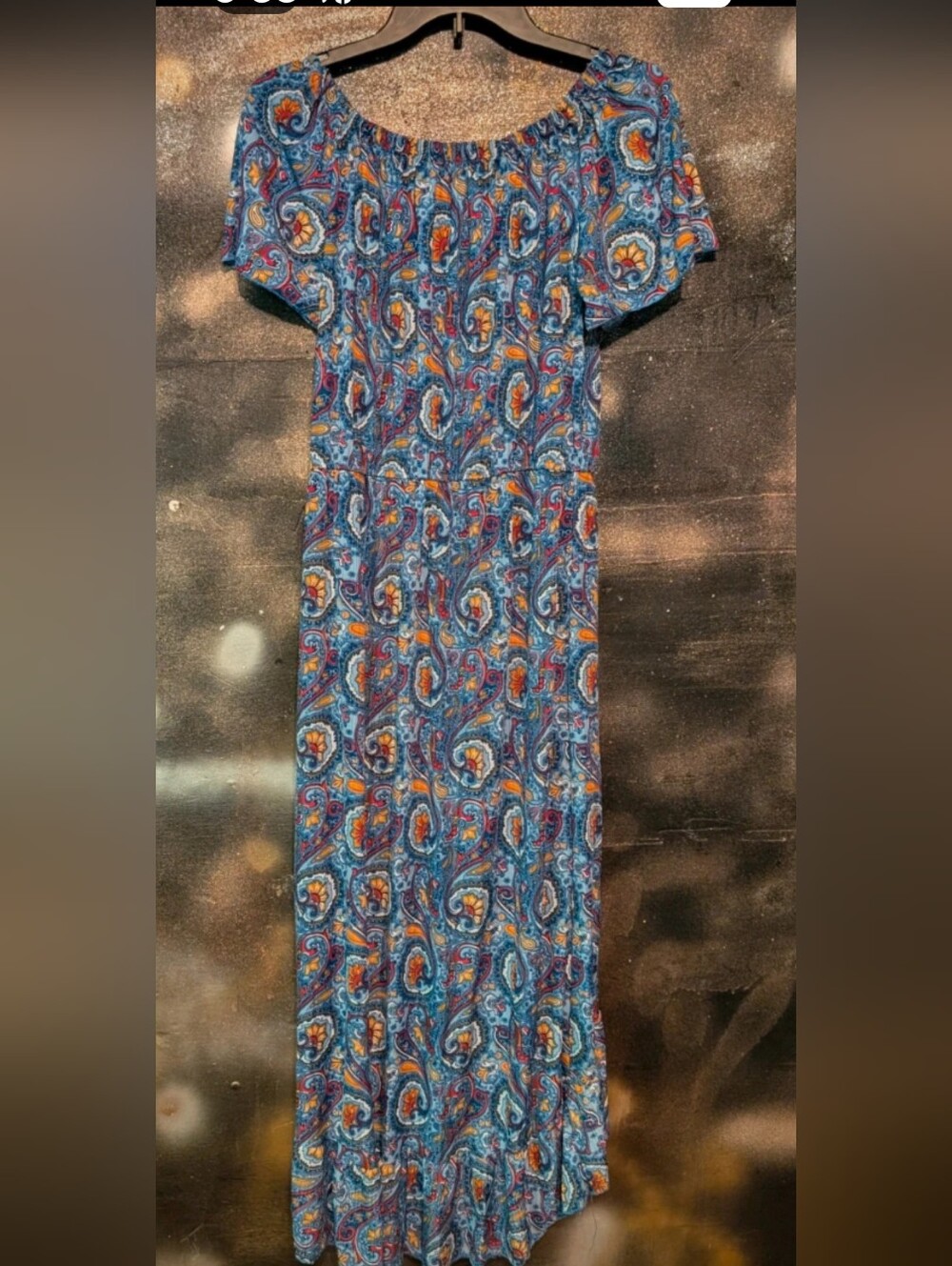Blue Paisley Off-Shoulder Maxi Dress with Elastic Neckline